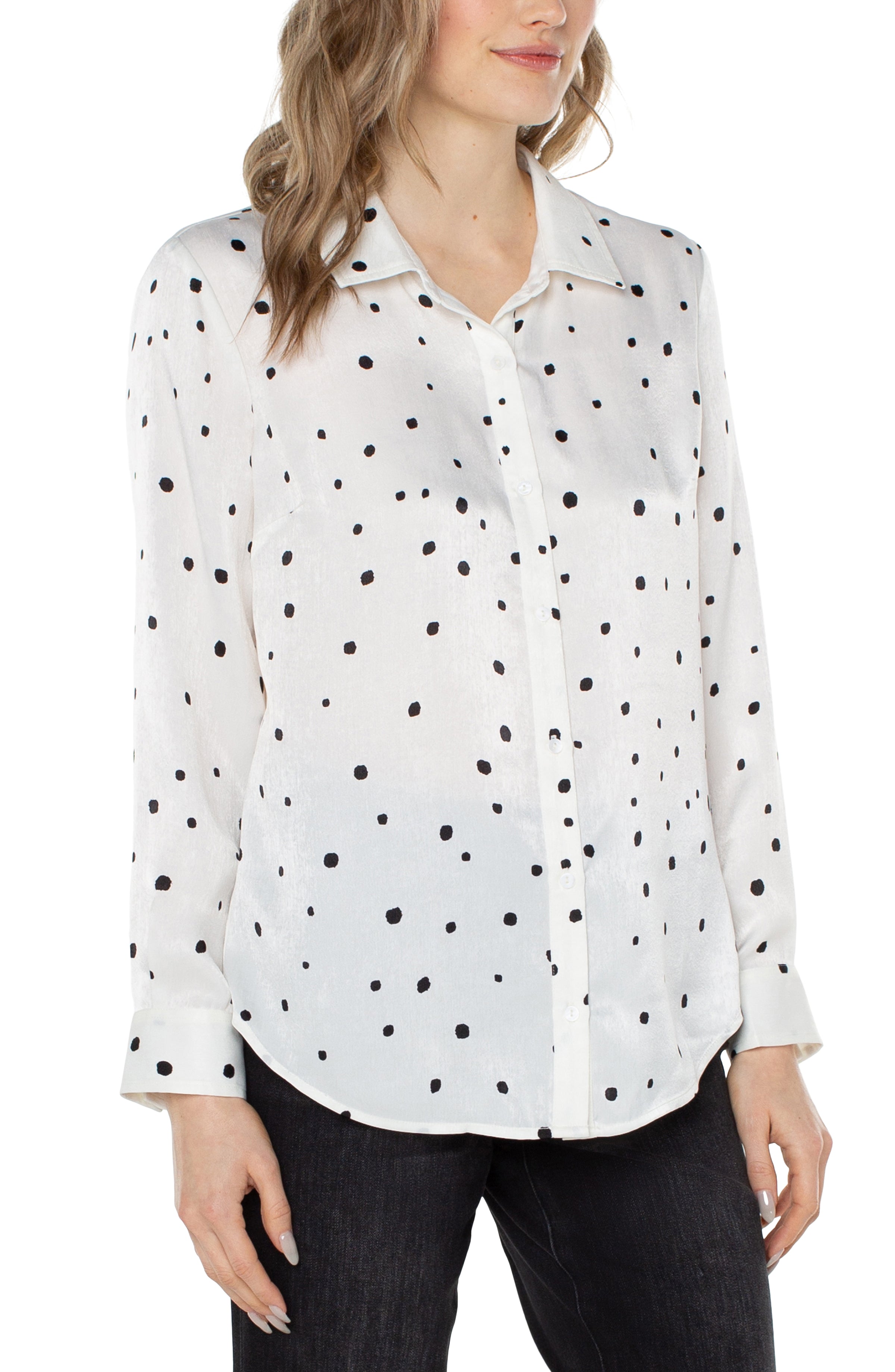 All Over Dot Button Front Woven Blouse